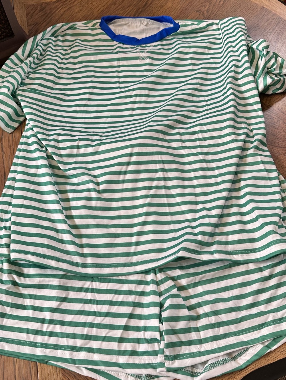 Women’s Green & White Striped Short Set with Blue Trim
